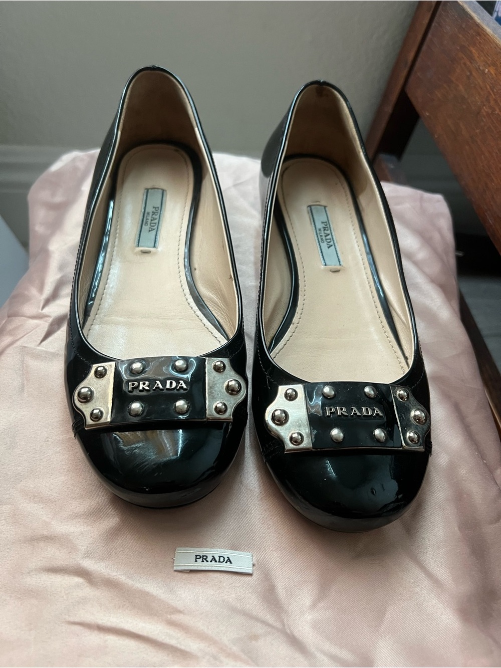 Prada Black Patent Leather Studded Logo Flats